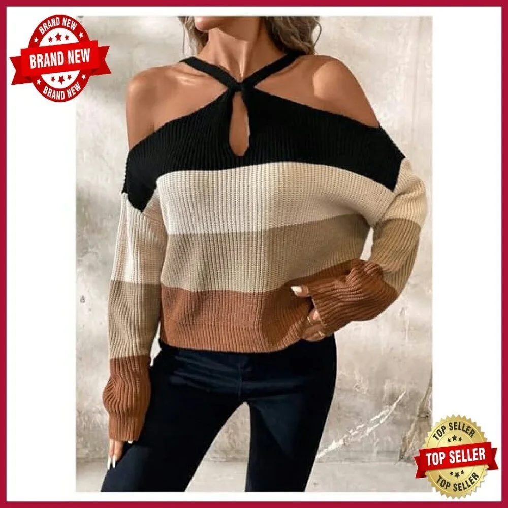 Women's Cold Shoulder Pullover Sweater Color Block Knit Top Long Sleeve_4